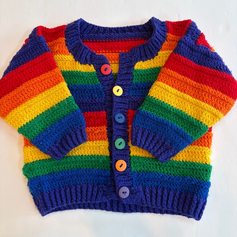 Handmade Bright Rainbow Pride Knit Cardigan Sweater Baby 3-6 Months
